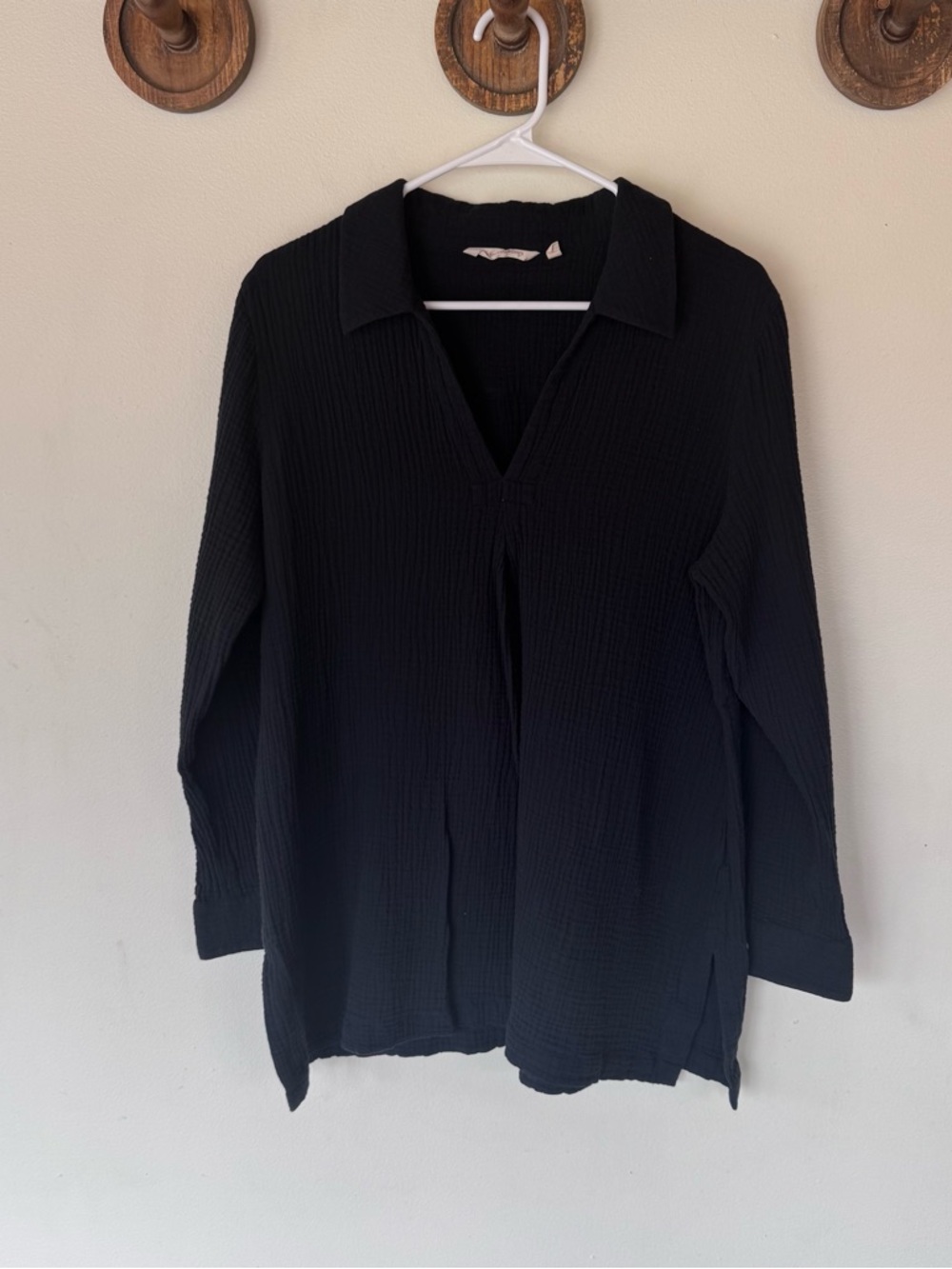 Soft surroundings Black gauze cotton V-Neck Collared Tunic size XL